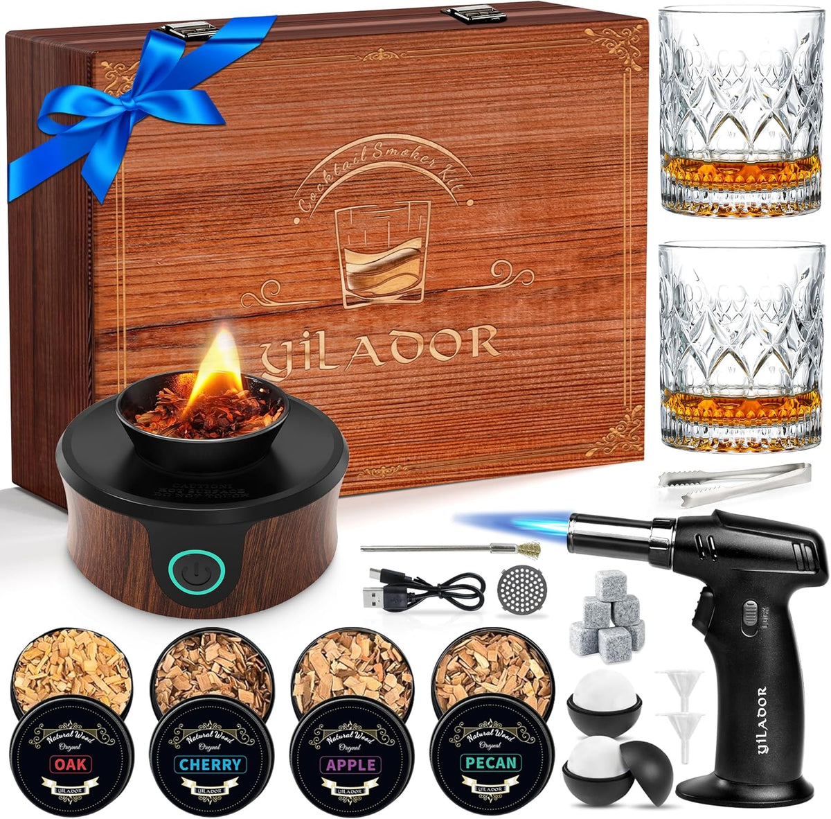 Electric Whiskey Smoker Kit with Torch, Unique Home Bar Gift for Whiskey Lover, 6 Wood Chips – Infuse Rich Smoky Flavors in Bourbon Old Fashioned & Cocktails, Birthday Gifts for Him, Dad(No Butane) - Walnut