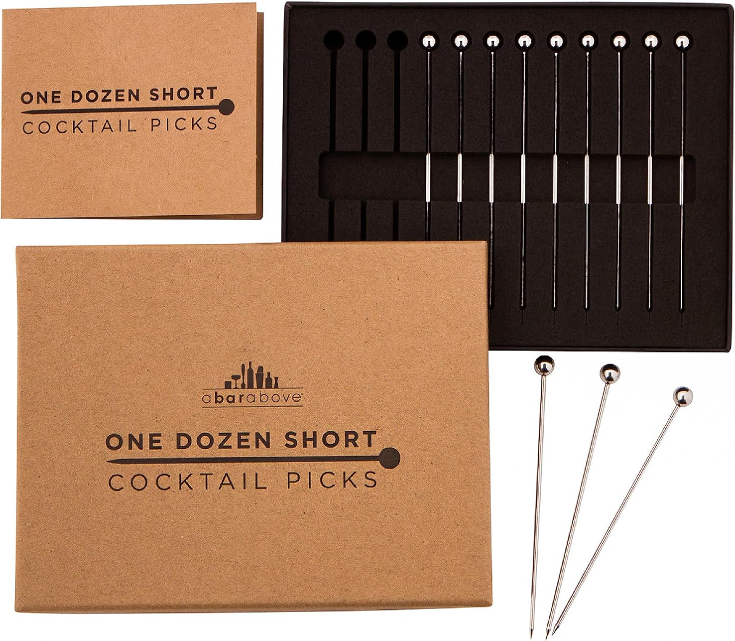 A Bar Above Cocktail Picks, 12 Short 4-Inch Stainless Steel Pick Set for Drinks and Appetizers, Reusable Cocktail Stirrers for Martinis, Shrimp Cocktail and More, Bar Accessories, Silver
