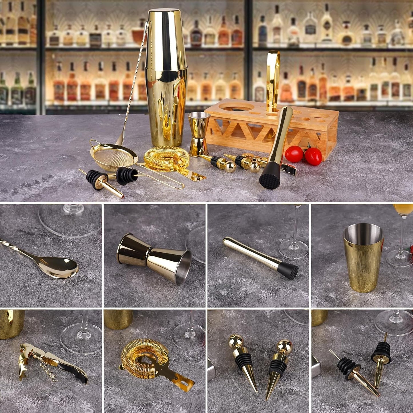 Cocktail Shaker Set, Boston Shaker Bartender Kit with Bamboo Stand,13 Piece Bar Set Stainless Steel Bar Accessories for Drink Mixing, Bar, Home, Party (Gold)
