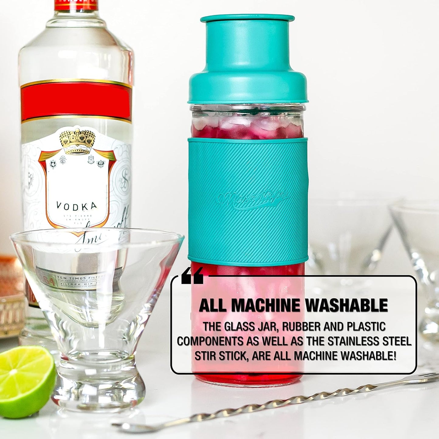 Masontops Cocktail Shaker Set – Glass Mason Jar Drink Shaker – 4 PC Set with Metal Swizzle Stick - Teal