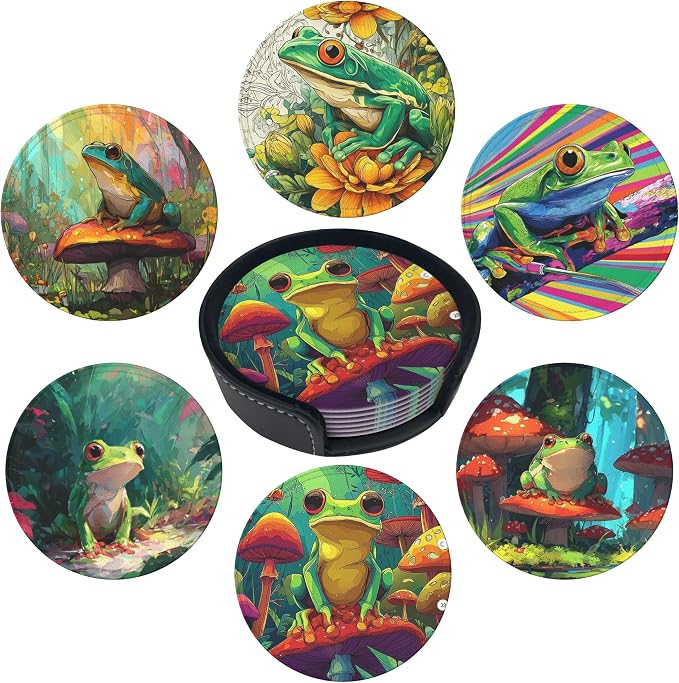Musical Coasters Leather Round Drink Coasters 6 Pcs Set with Holderor for Cup Drink Coffee Table Bar Home Decor - Frog