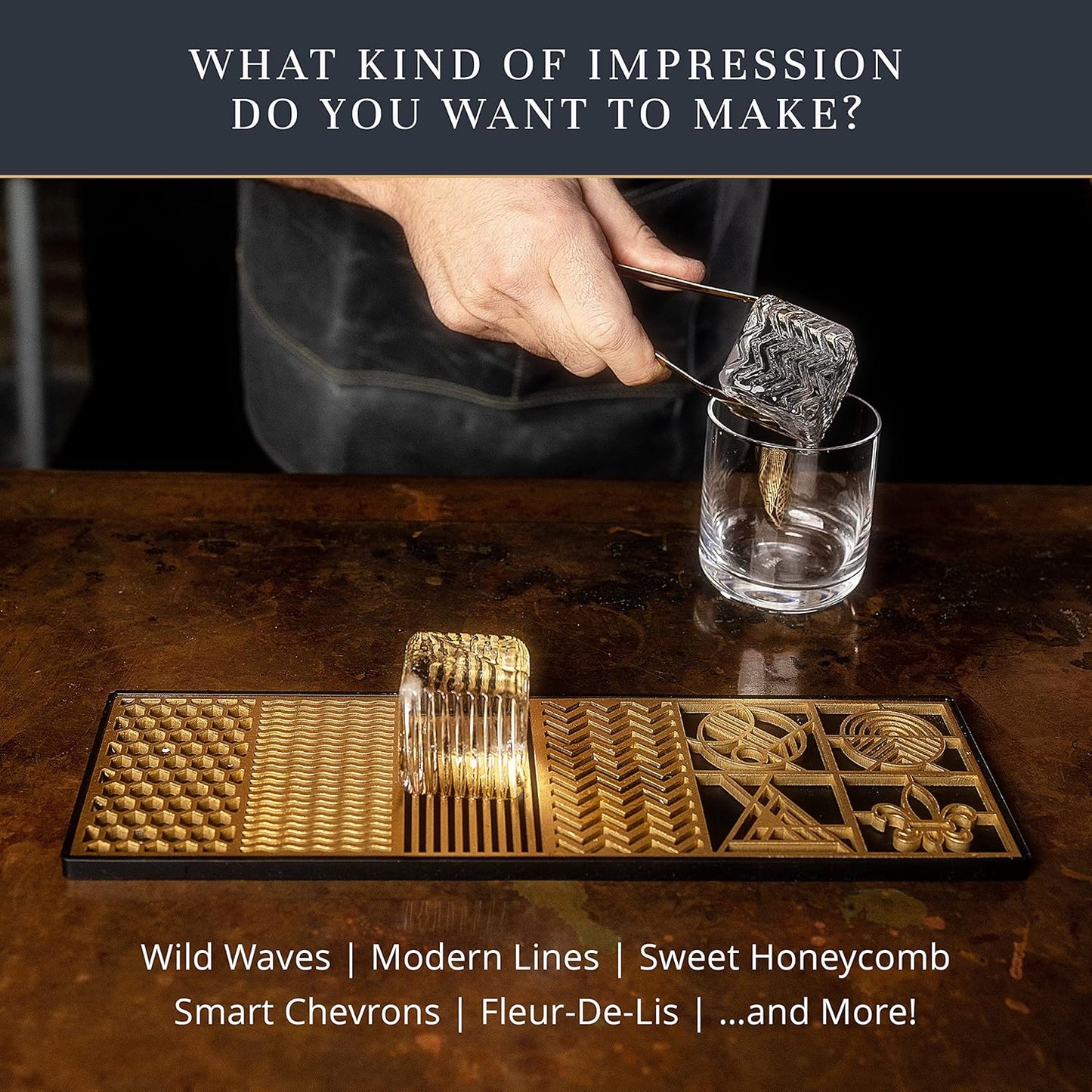 Clear Ice Cube Maker Design Tray - Craft Modern Ice Molds for Bourbon & Cocktails in 5 Seconds - Whiskey Mold Cube Stamp – Bartender Accessories - Copper Ice Press Cocktails by Ash Harbor (Patterns)