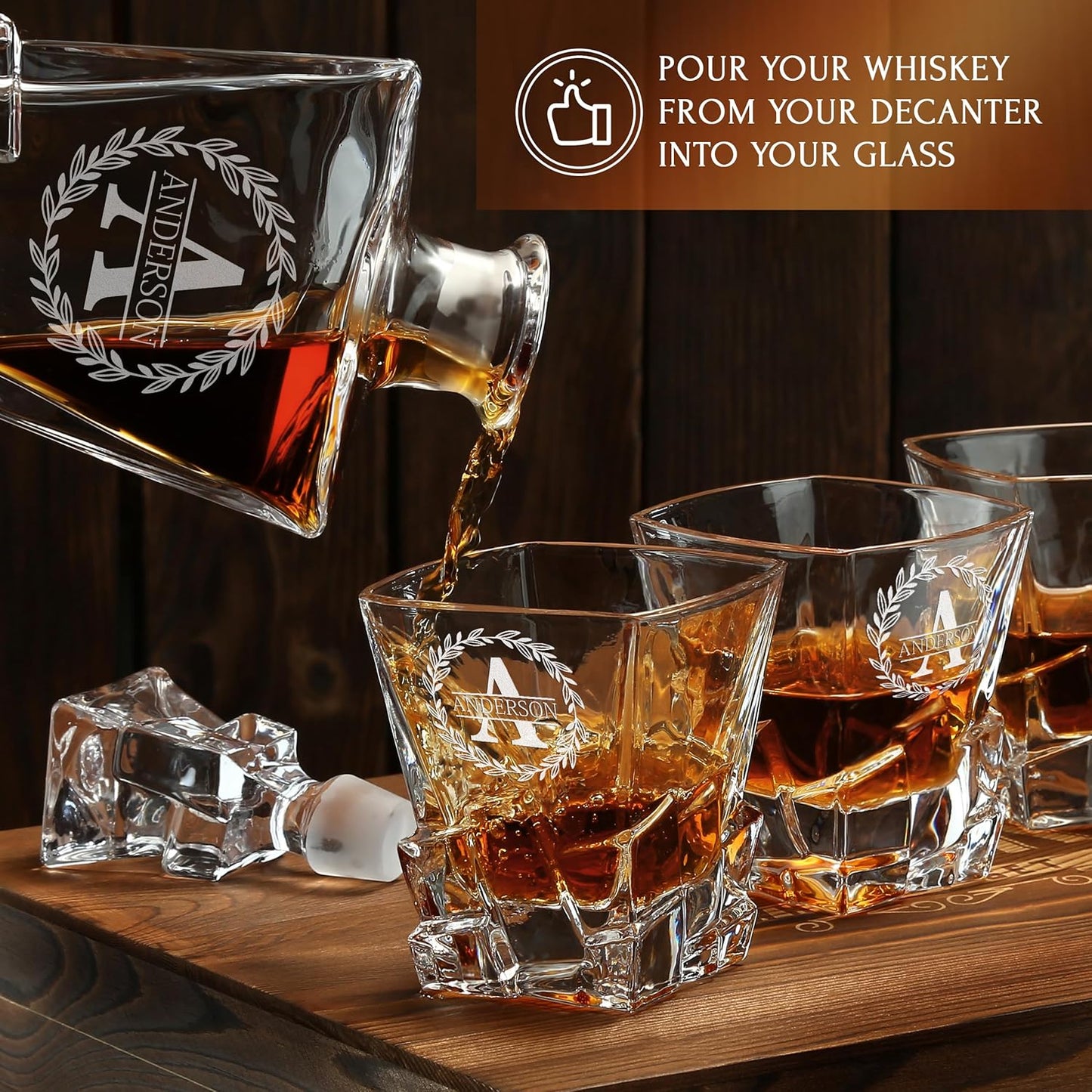 Personalized Whiskey Decanter Set with Optional Rocks Glasses – Custom 25 oz / 750ml Bourbon Decanter, 4 Engraving Options, Customized in USA, Valentine's Day, Birthday & Any Occasion Gift for Men