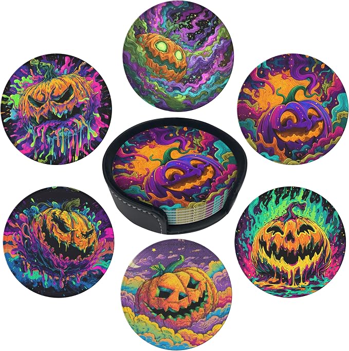 Musical Coasters Leather Round Drink Coasters 6 Pcs Set with Holderor for Cup Drink Coffee Table Bar Home Decor - Pumpkin