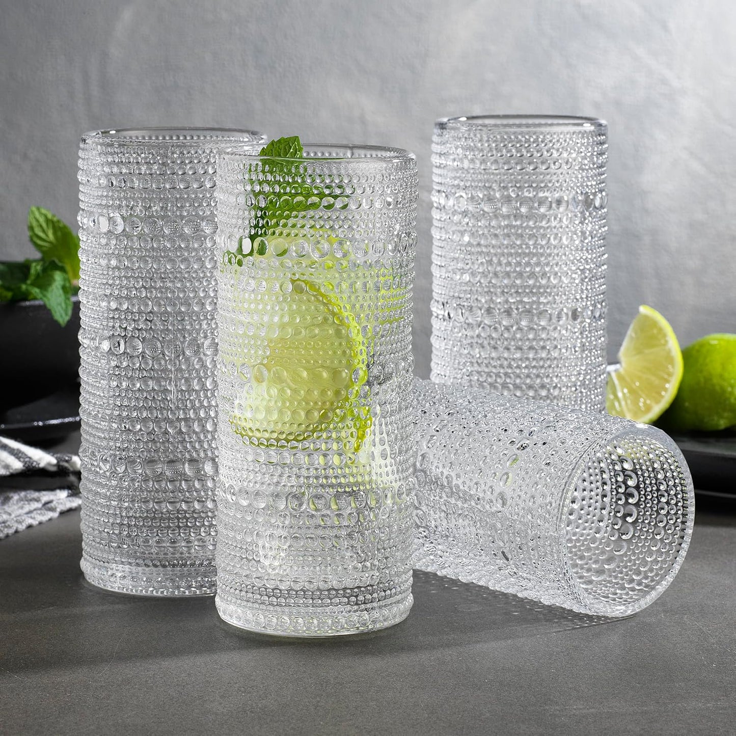 Glaver's Highball Drinking Glasses, 10.82 oz Sleek Hobnail Textured Glassware Modern Tall Tumblers set of 4 Iced Coffee Glasses, Highball Cocktail Set, Dishwasher Safe, Housewarming Gift Set
