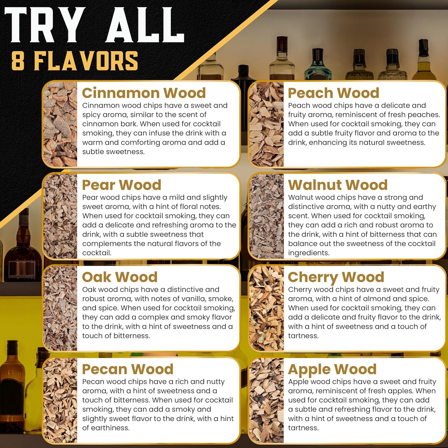 Wood Chips for Cocktail Smoker- 8-pk Fine Chunks/Shavings for Smoking Whiskey/Bourbon/Old Fashioned & Smoke Gun | Apple, Hickory/Pecan, Cinnamon, Oak, Peach, Pear, Cherry, Walnut