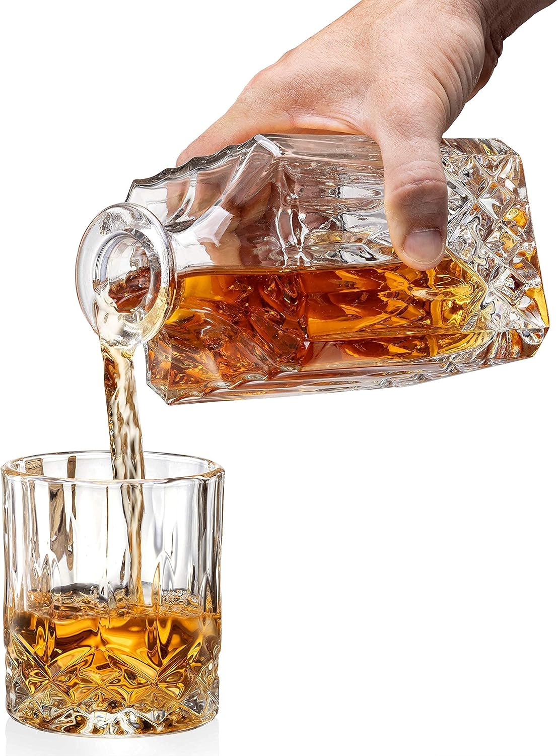 Mixology & Craft Luxury Whiskey Decanter Gift Set - 25oz Crystal Decanter, 4 Old-Fashioned Glasses, 4 Slate Coasters with Diamond Pattern Premium Black Gift Box