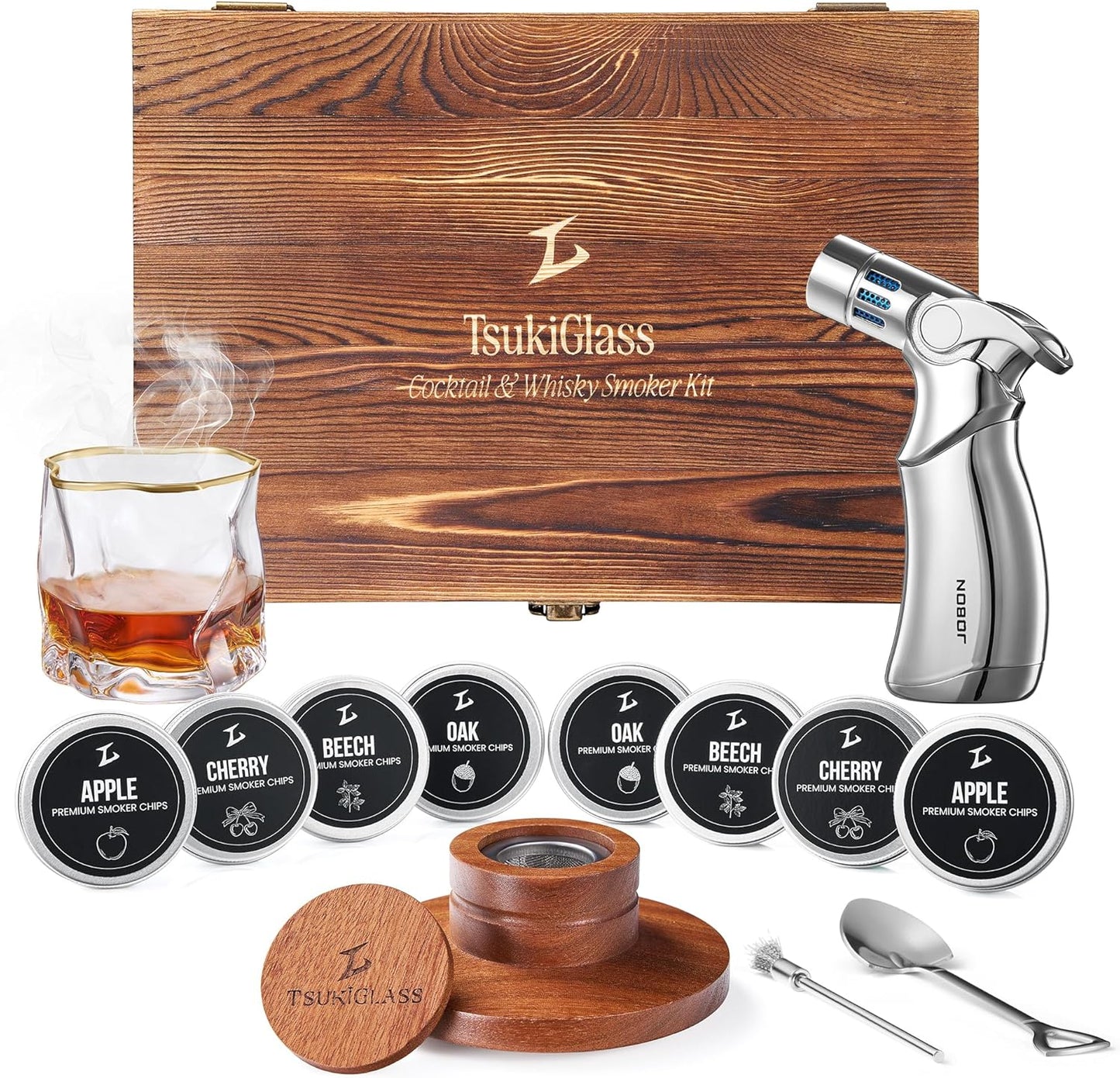 TSUKIGLASS® Premium Japanese Whisky Smoker Kit with Torch - 8 Wood Chip Flavors (200+ Drinks), Sapele Wood Top, Cocktail Infuser for Old Fashioned & Bourbon, Luxury Gift for Men, Dad (No Butane)