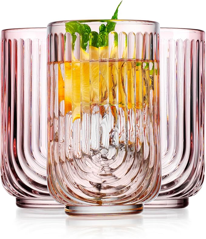 Glaver's Vintage Glassware Art Deco Glasse Ribbed Drinking Glasses U-Shape Arch Design Colored Cocktail Kitchen Tumblers Everyday Dinner Decorative Party (Clear S/4 11oz) - Pink S/4 17oz