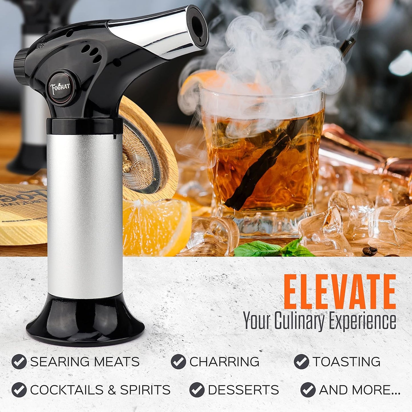 Foghat Cocktail Smoker Torch for Smoked Cocktails and Cooking - Handheld Refillable Culinary Butane Powered Kitchen Blow Torch Food Lighter Gun, Creme Brulee Torch (Butane not included)