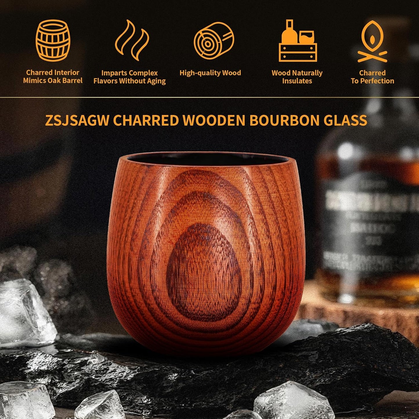 Charred Wooden Bourbon Glasses Set of 2 Whiskey Old Fashioned - Oak Tumblers with Stones & Coasters - Gifts for Men, Dad, Groomsmen, Brother & Whiskey Lovers