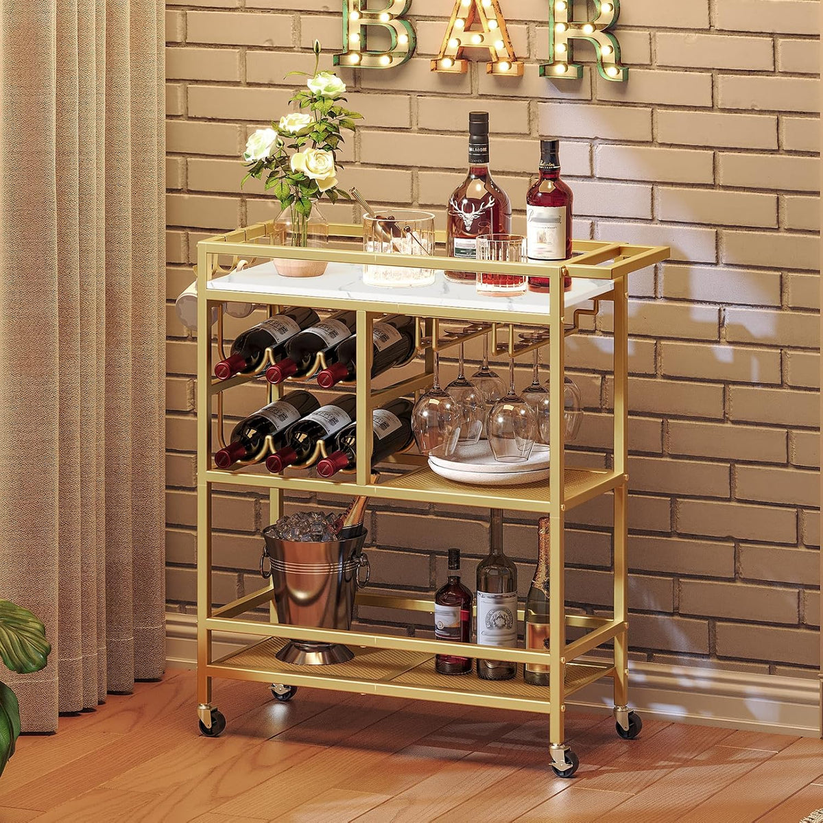 MAHANCRIS Bar Cart for Home, 3-Tier Serving Cart with Wheels and Handle, Beverage Cart with Wine Rack and Glass Holders, Rolling Wine Cart for Kitchen, Dining Room, Rustic Brown RCHR6101 - Gold and White