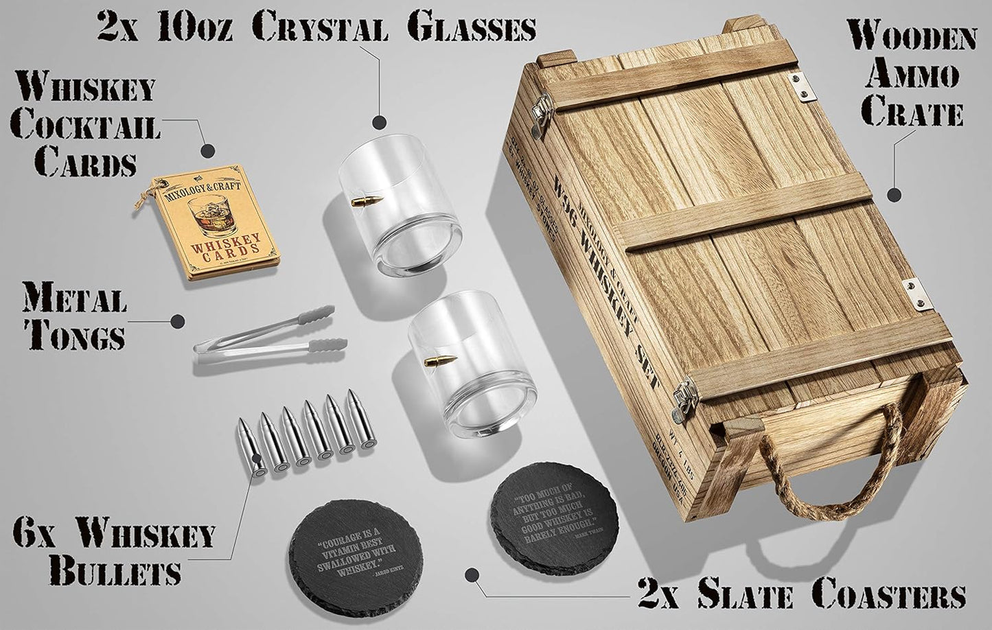 Mixology & Craft Whiskey Stones Set with Glasses & Steel Bullets, Gift for Men