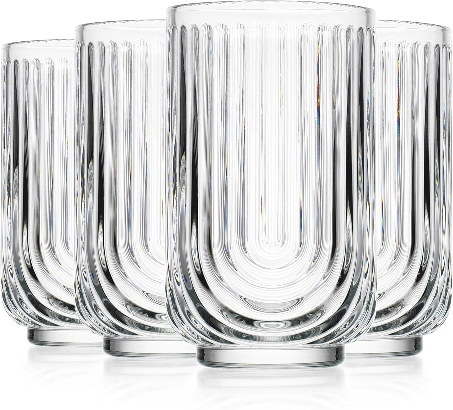 Glaver's Vintage Glassware Art Deco Glasse Ribbed Drinking Glasses U-Shape Arch Design Colored Cocktail Kitchen Tumblers Everyday Dinner Decorative Party (Clear S/4 17oz)