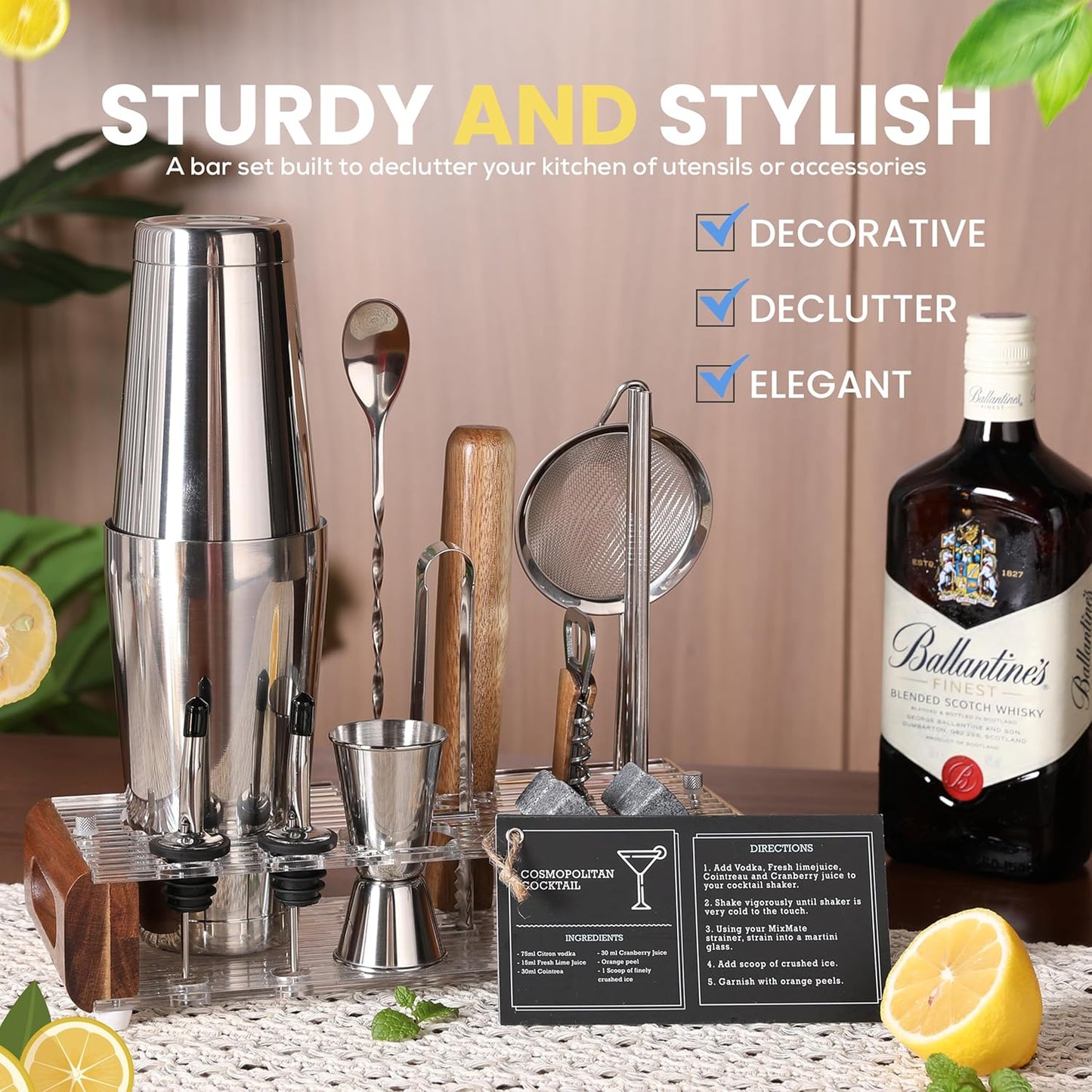 Mixology Bartender Kit with Stand - 15 Piece Bar Tool Set, Silver Bar Set Cocktail Shaker Set for Drink Mixing - Includes Martini Shaker, Jigger, Strainer, Bar Mixer Spoon, Tongs, Opener | Gift Idea