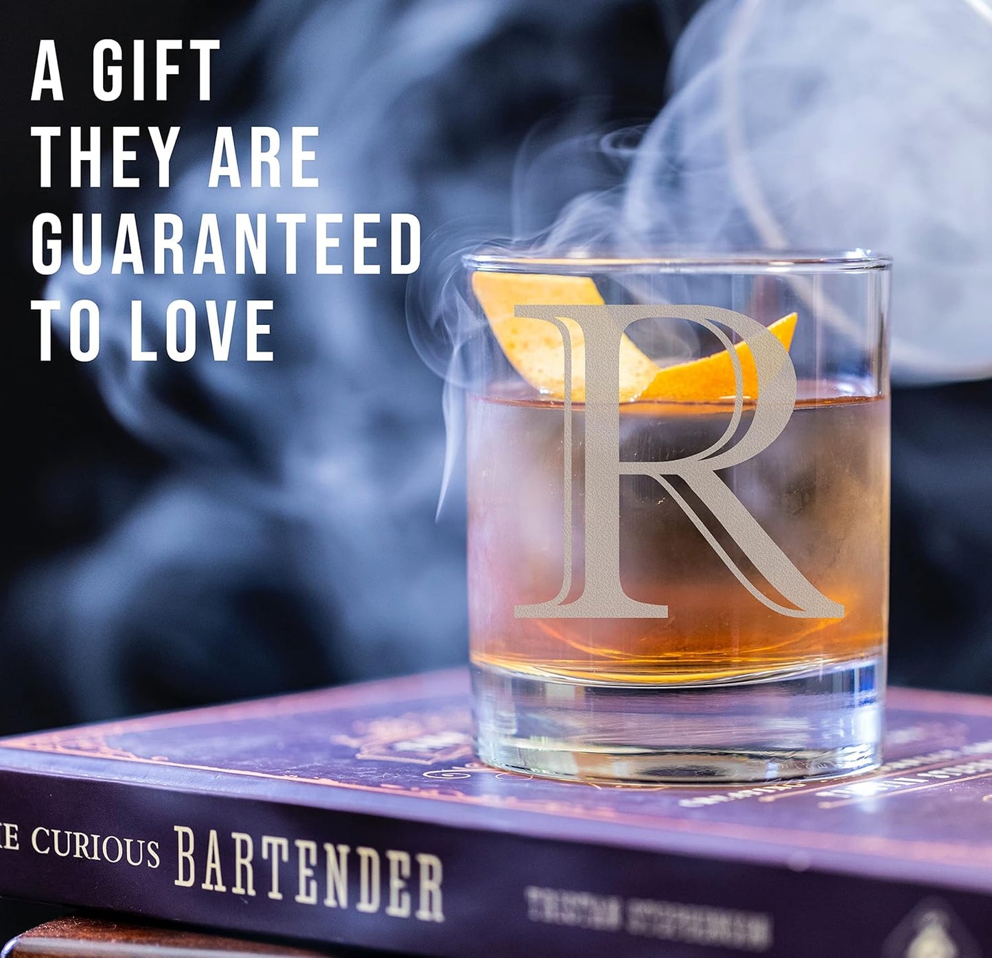 Etched Monogram 11oz Whiskey Rocks Glass (Letter R), A-Z Customized Bourbon Gifts for Men, Personalized Old Fashioned Scotch Glass, Custom Engraved Gifts for Him, Initial, Name, Regalos Personalizados