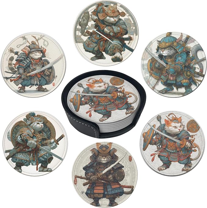 Musical Coasters Leather Round Drink Coasters 6 Pcs Set with Holderor for Cup Drink Coffee Table Bar Home Decor - Japanese Cat