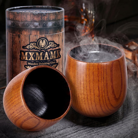 Charred Oak Whiskey Glasses Set of 2, 10oz Handcrafted Wooden Tumblers – Shatterproof Bourbon Glass Pair, Gift Set for Fathers, Dad, Him, Husband | Birthday & Retirement Gifts for Men from Son, Wife
