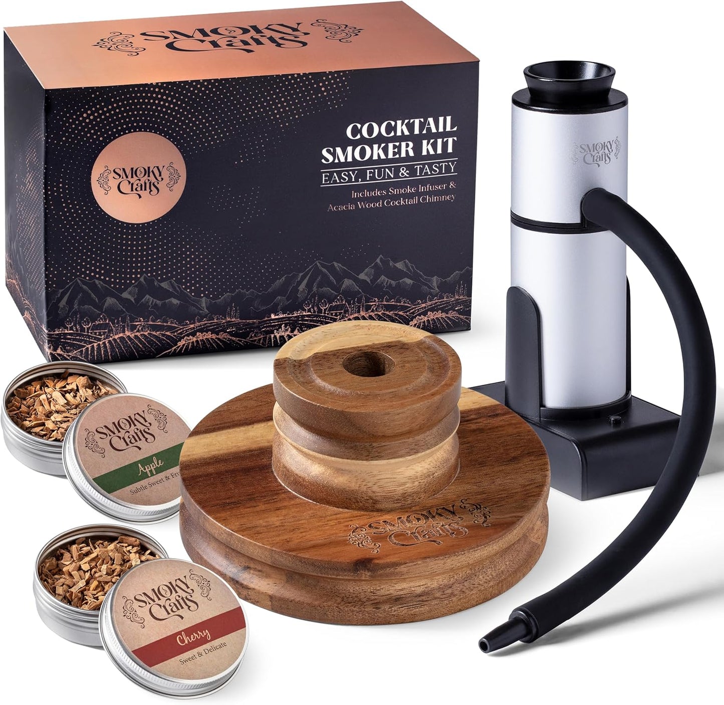 Smoky Crafts Whiskey Smoker Kit with Updated Smoke Gun, Acacia Wood Top and Wood Chips (Apple & Cherry) - Old Fashioned Smoker Kit