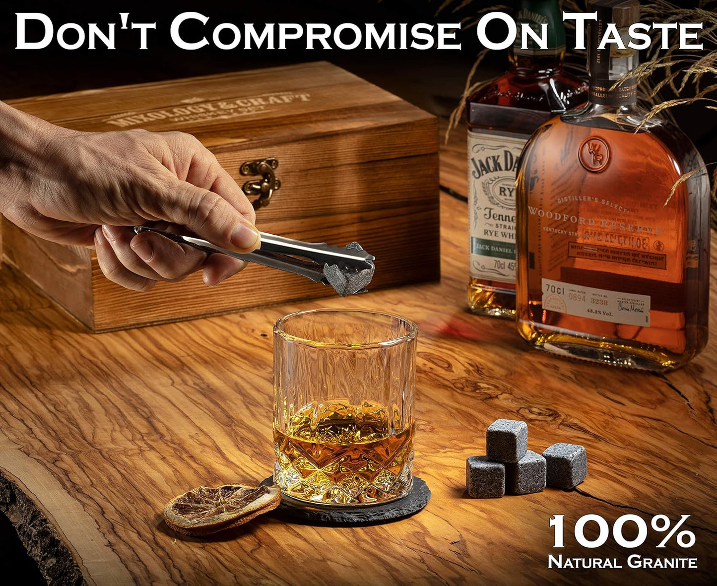 Mixology & Craft Whiskey Glasses Gift Set for Men 13-Piece with Pack of 2 Diamond Cut Glasses w/ 8 Granite Chilling Stones, 2 Coasters, Tongs & Cocktail Recipe Book in Wooden Crate