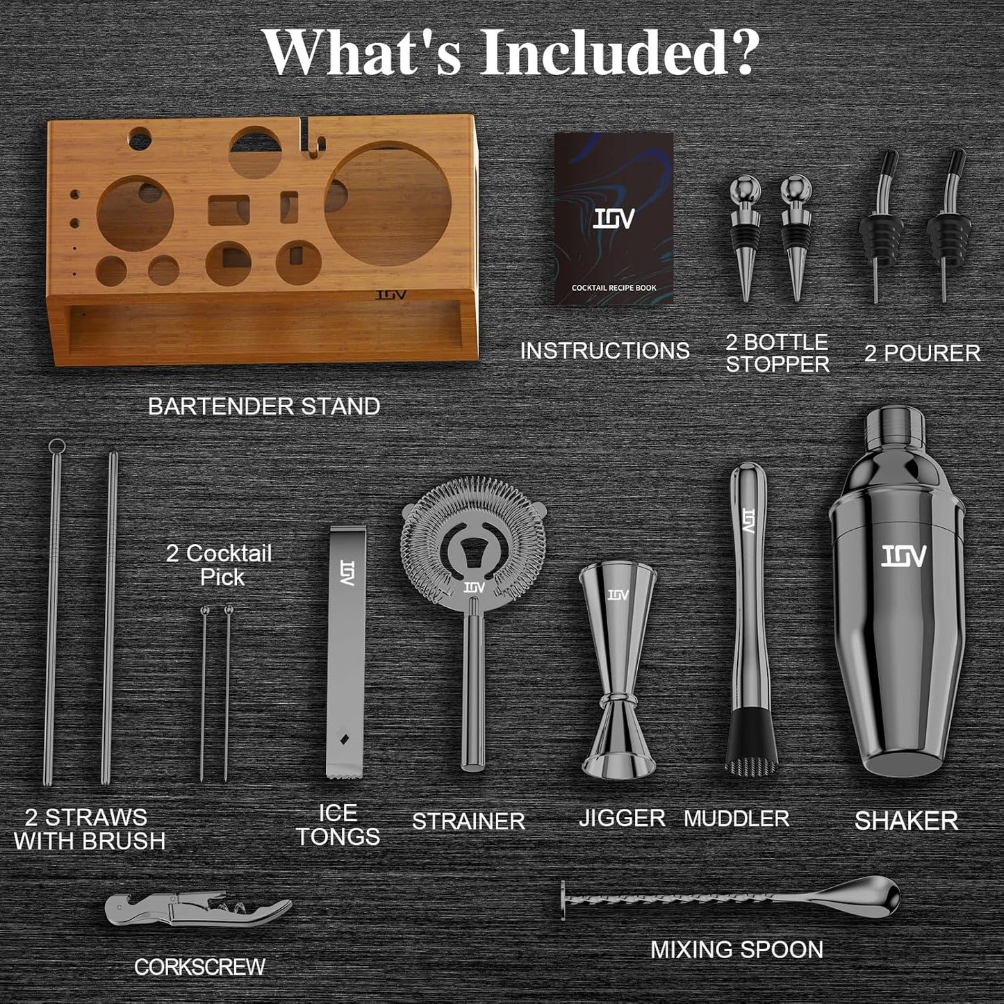 IOV Cocktail Shaker Set Bartender Kit with Stand | Bar Set Drink Mixer Set Includes Martini Shaker, Jigger, Strainer, Mixing Spoon, Muddler, Recipe Book | Home Bar Accessories Gift Set (Black)