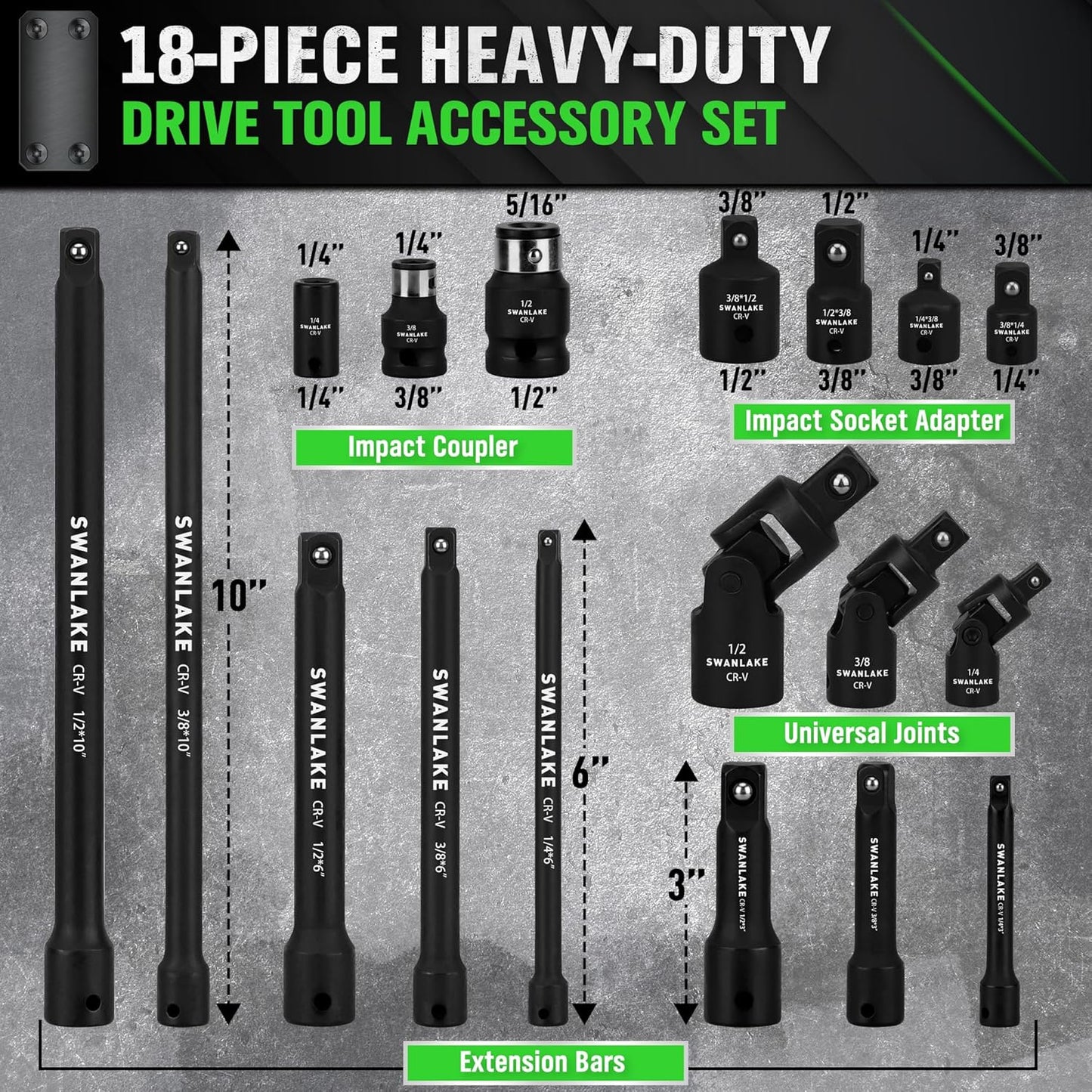 18-piece Impact Socket Extension Set Tools, Swivel Universal Joint, Deep 1/4", 3/8", 1/2" Drive Socket Adapter, Extension Bar, 3 Ratchet Coupler, CR-V Steel Alloy Corrosion-Resistant Mechanic Tools