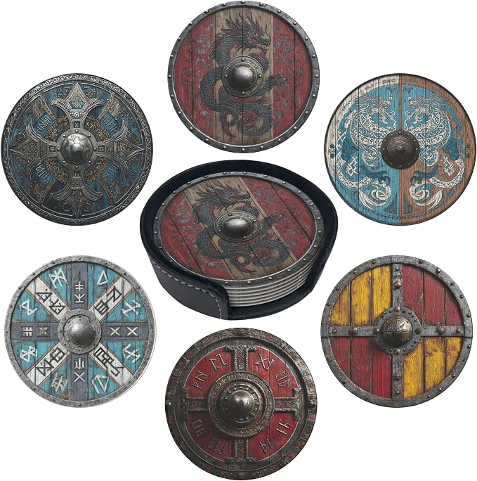 Musical Coasters Leather Round Drink Coasters 6 Pcs Set with Holderor for Cup Drink Coffee Table Bar Home Decor - Viking Shield