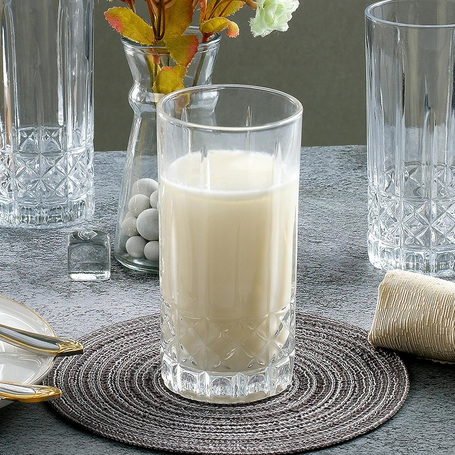 Lorren Home Trends Tall 12 Ounce Drinking Glass-Textured Cut Glass, Set of 6