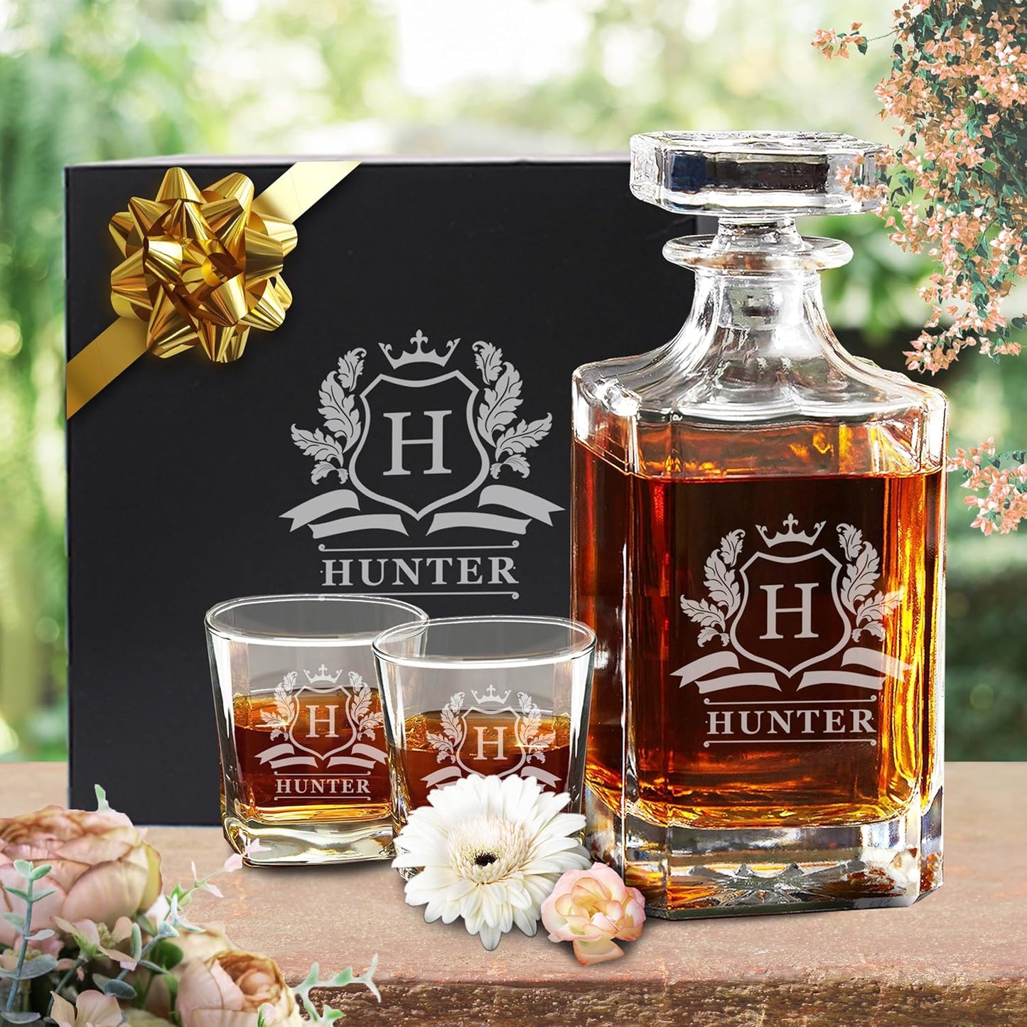 The Wedding Party Store, Personalized Whiskey Decanter and Glasses Set - Custom Monogrammed with Cavalier Design