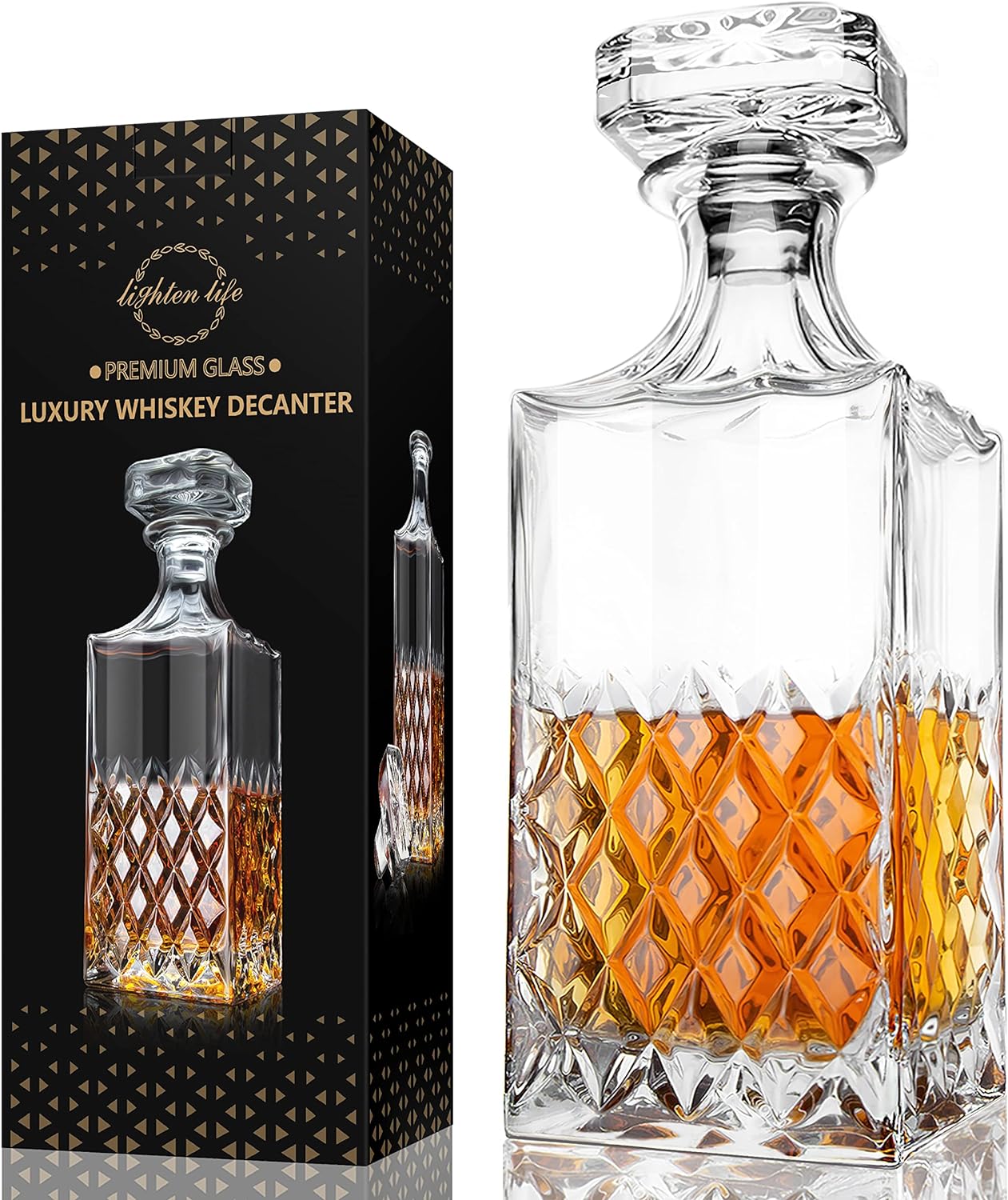 LIGHTEN LIFE Whiskey Decanter 29oz, Crystal Whiskey Decanter with Stopper, Non-Lead, 828ml, Clear, Durable, Dishwasher Safe, Classic European Design, Gift Box Included, Bourbon, Liquor Whisky