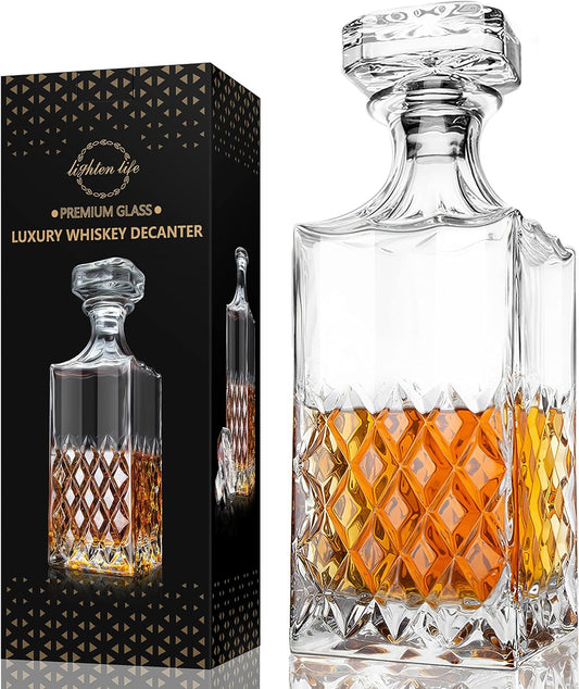 LIGHTEN LIFE Whiskey Decanter 29oz, Crystal Whiskey Decanter with Stopper, Non-Lead, 828ml, Clear, Durable, Dishwasher Safe, Classic European Design, Gift Box Included, Bourbon, Liquor Whisky