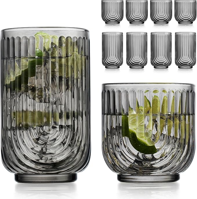 Glaver's Vintage Glassware Art Deco Glasse Ribbed Drinking Glasses U-Shape Arch Design Colored Cocktail Kitchen Tumblers Everyday Dinner Decorative Party (Clear S/4 11oz) - Smoke S/8 17oz 11oz