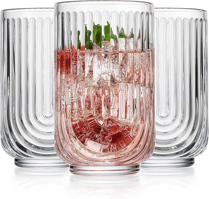 Glaver's Vintage Glassware Art Deco Glasse Ribbed Drinking Glasses U-Shape Arch Design Colored Cocktail Kitchen Tumblers Everyday Dinner Decorative Party (Clear S/4 11oz) - Clear S/8 17oz