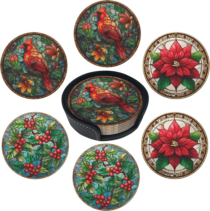 Musical Coasters Leather Round Drink Coasters 6 Pcs Set with Holderor for Cup Drink Coffee Table Bar Home Decor - Bird