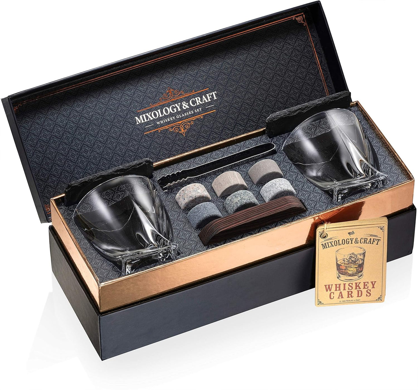 Mixology & Craft Whiskey Glass and Stone Gift Set – Two 10oz Lead-Free Crystal Glasses, 6 Chilling Stones, 2 Slate Coasters, Recipe Cards, Premium Black Case, Perfect for Celebrations, Anniversaries