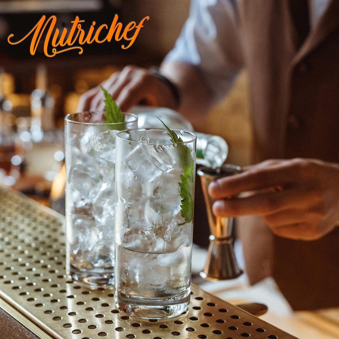 Nutrichef 14.2 oz Highball Drinking Glasses Premium Crystal, Durable & Dishwasher Safe, Elegant Design for Water, Cocktails & Liquor - Set of 2
