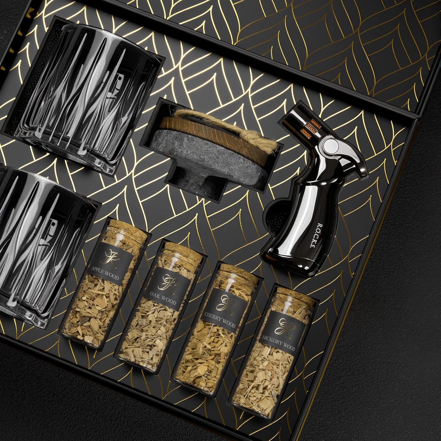 Cocktail Smoker Kit in Granite Stone with Torch - Premium Whiskey Smoker Kit for Old Fashioned & Bourbon - Infuse with 4 Flavors Wood Chips - Barware Gift Set for Whiskey Lovers (No Butane)