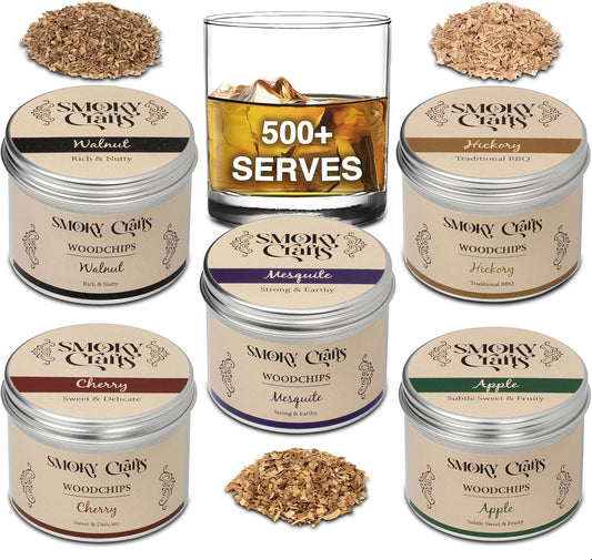 Smoky Crafts 5 x 2oz Wood Chips for Cocktail Smoker (Set of 5: Cherry, Hickory, Apple, Mesquite, Walnut) - 5 Flavors of Smoking Gun Wood Chips - Whiskey Gifts for Men