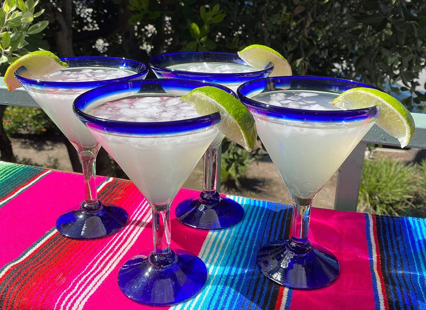Mexican Hand Blown Glass – Set of 4 Hand Blown Modern Margarita Glasses - Blue Rim (12 oz)