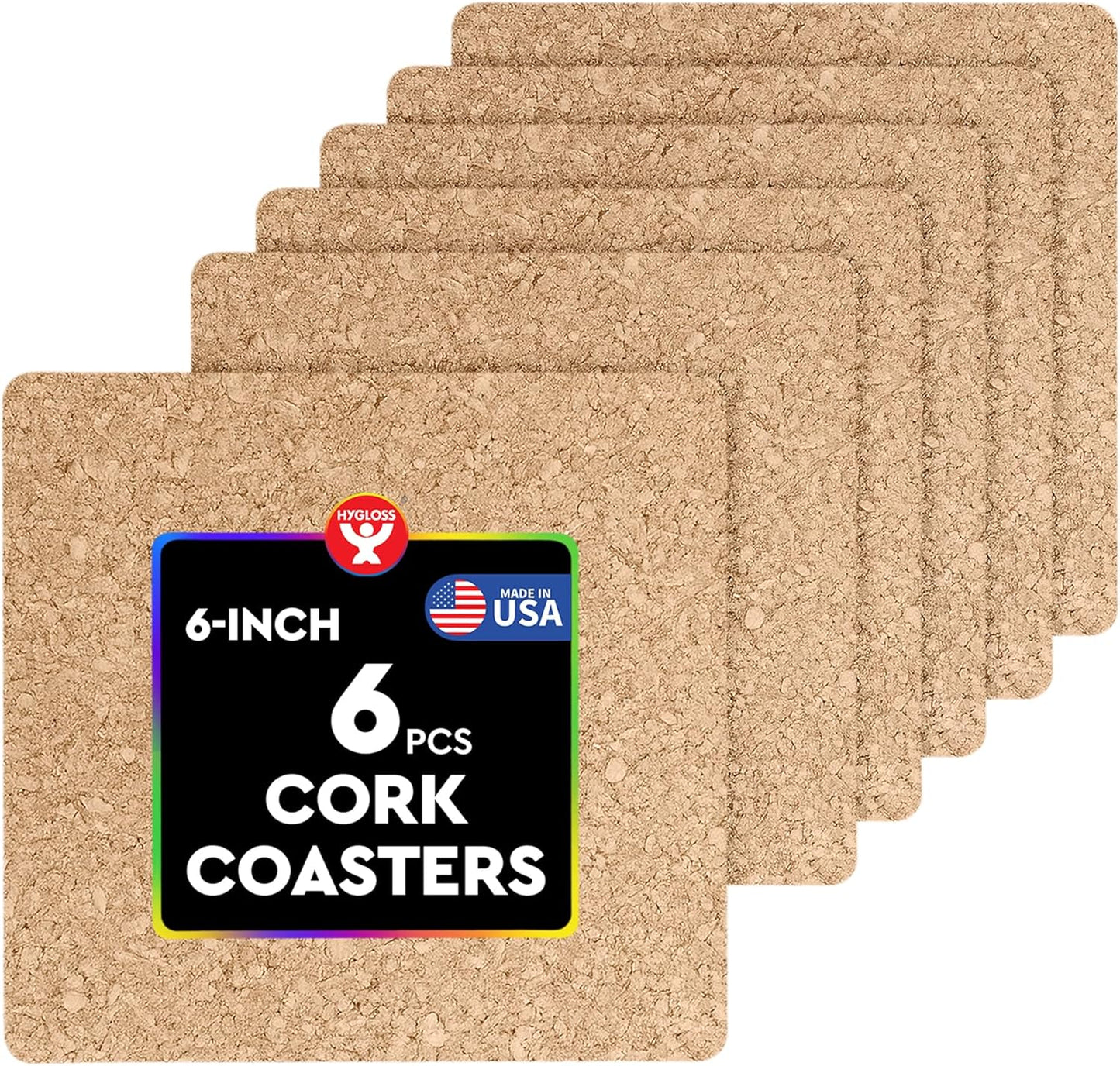 Hygloss Products Natural Cork Coasters - Eco Friendly Absorbent Square for Drinks, Trivets, and DIY Crafts, 3mm, 6 inch, Set of 6