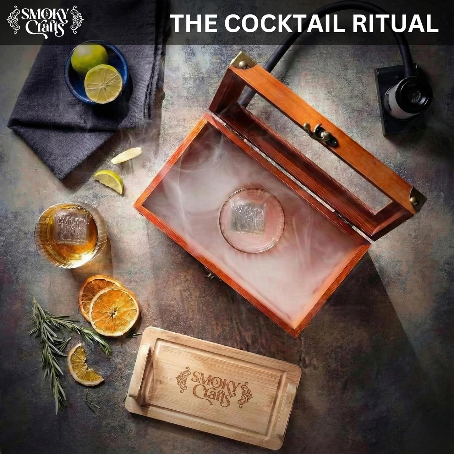 Smoky Crafts Whiskey Smoker Kit with Updated Smoke Gun, Cocktail Smoke Box, Food Tray and Wood Chips (Apple & Cherry) - Old Fashioned Smoker Kit