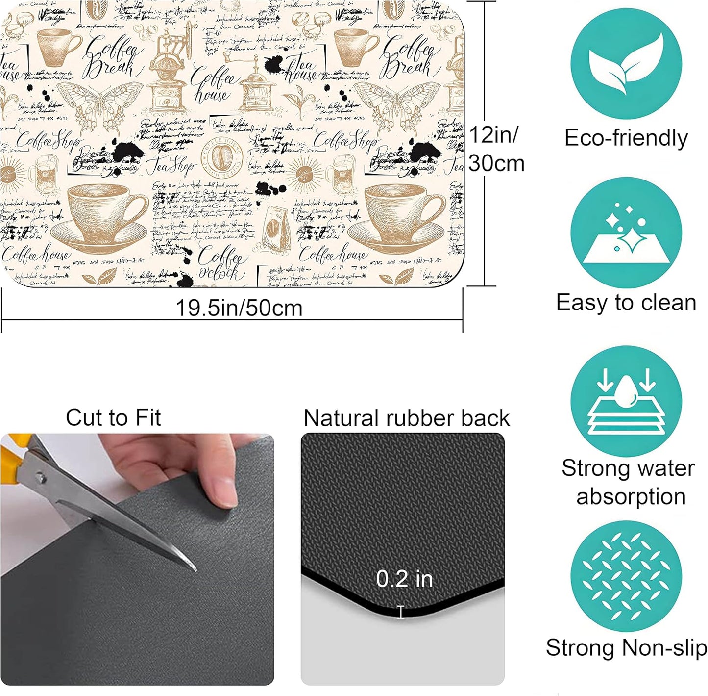 Coffee Bar mat Accessories for Countertop Absorbent Hide Stain Rubber Backed Dish Drying Mats for Kitchen Counter Draining Pad Decor Gift(20x12in)
