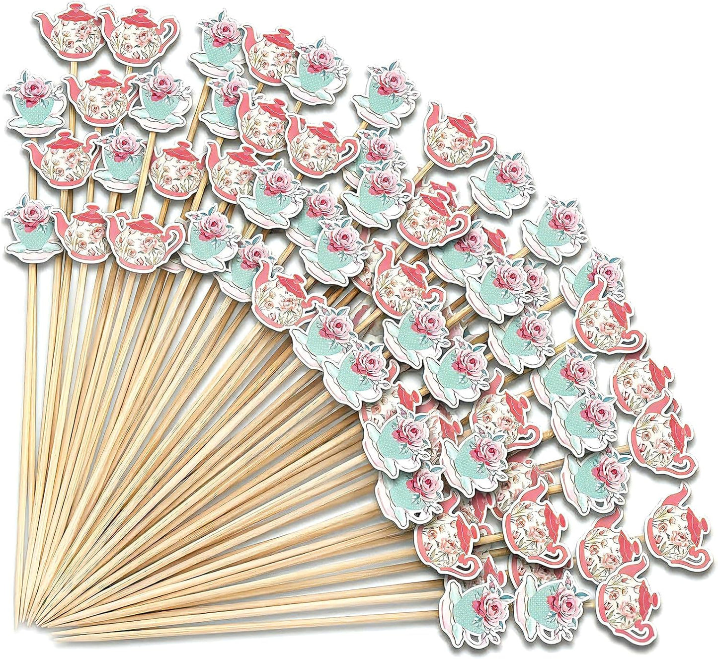 Bokon 200 Pcs Tea Party Cocktail Picks Bamboo Teapot Long Toothpicks for Appetizers Princess Party Flower Food Fruit Sticks for Floral Themed Birthday Wedding Supplies