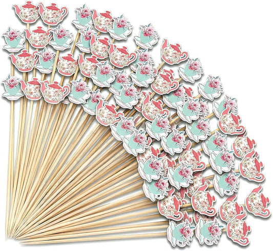 Bokon 200 Pcs Tea Party Cocktail Picks Bamboo Teapot Long Toothpicks for Appetizers Princess Party Flower Food Fruit Sticks for Floral Themed Birthday Wedding Supplies