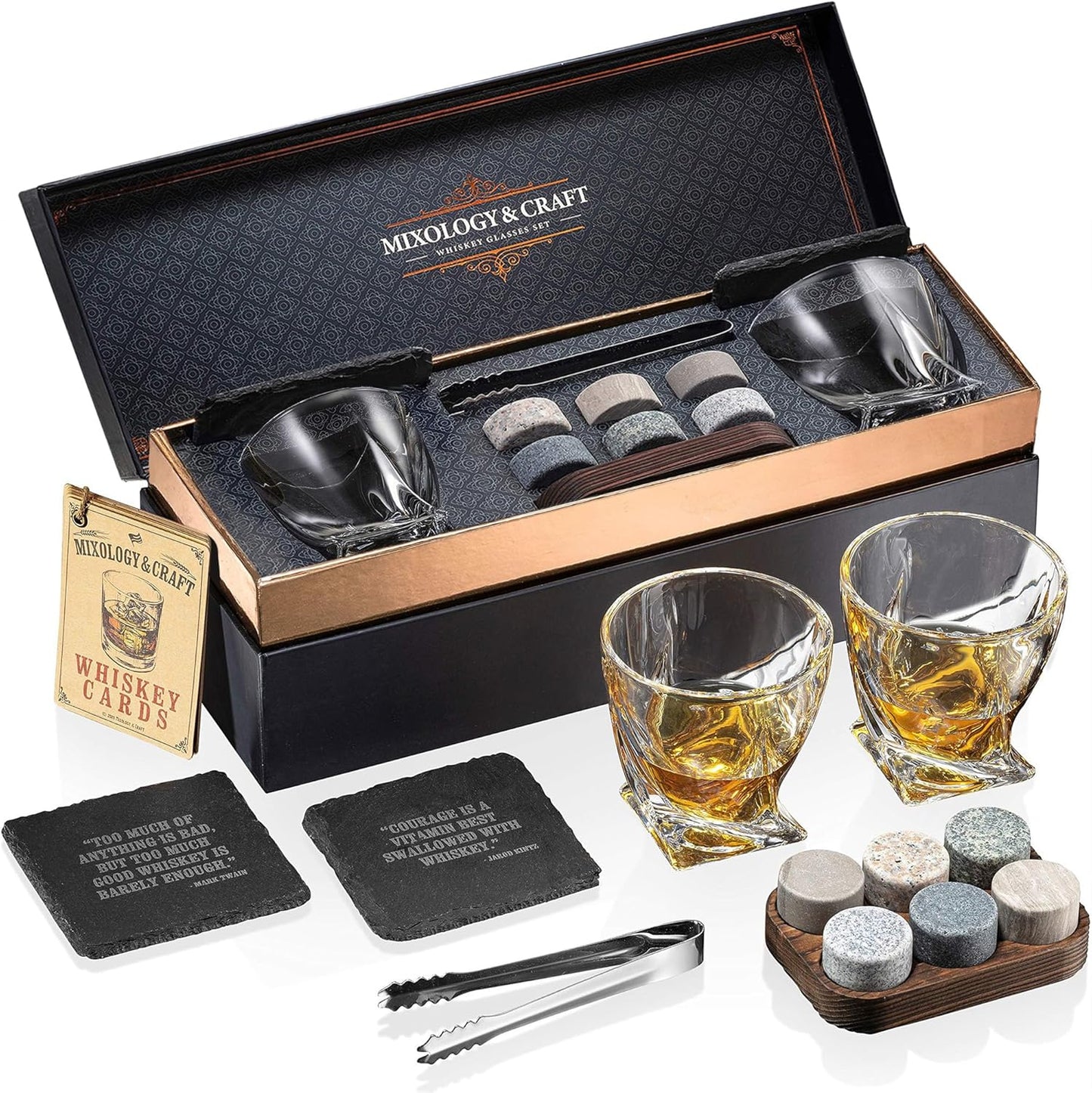 Mixology & Craft Whiskey Glass and Stone Gift Set – Two 10oz Lead-Free Crystal Glasses, 6 Chilling Stones, 2 Slate Coasters, Recipe Cards, Premium Black Case, Perfect for Celebrations, Anniversaries