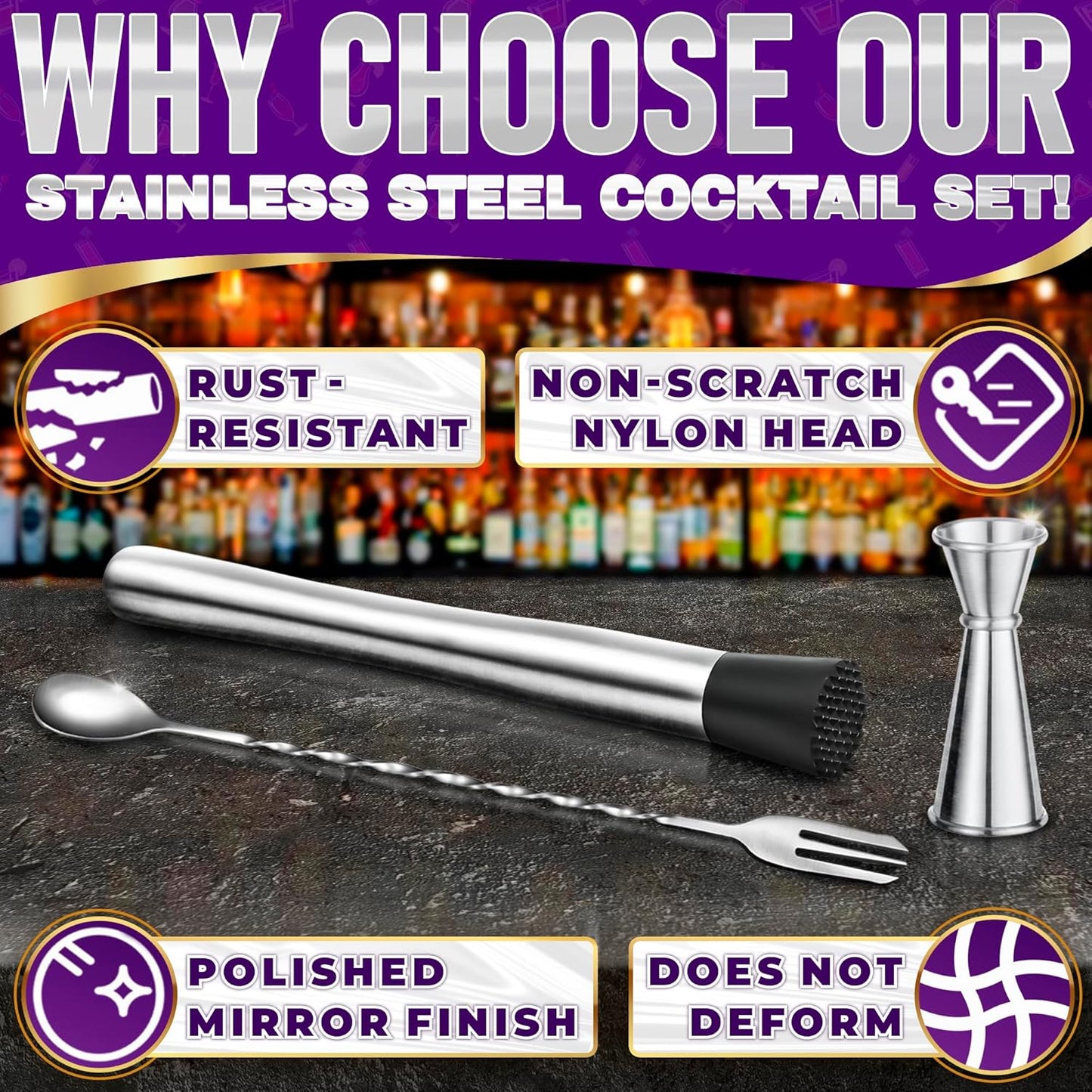 3 Pcs Muddler for Cocktails Set - Bar Muddler Tool with Sturdy Head, Versatile Cocktail Spoon & Jigger, Easy to Use & Clean, Stylish Rust-Resistant Stirring Tool - Bar Tools for Drinks Mixing