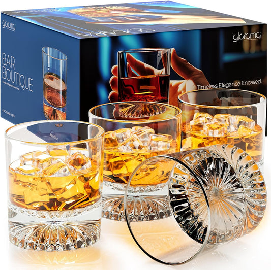 GLORAMA Premium Old Fashioned Whiskey Glasses with Heavy Bottom – Vintage Bar Drinkware for a Cocktail, Bourbon, or Scotch – Durable Crystal Rocks Glass – Set of 4, 10 oz