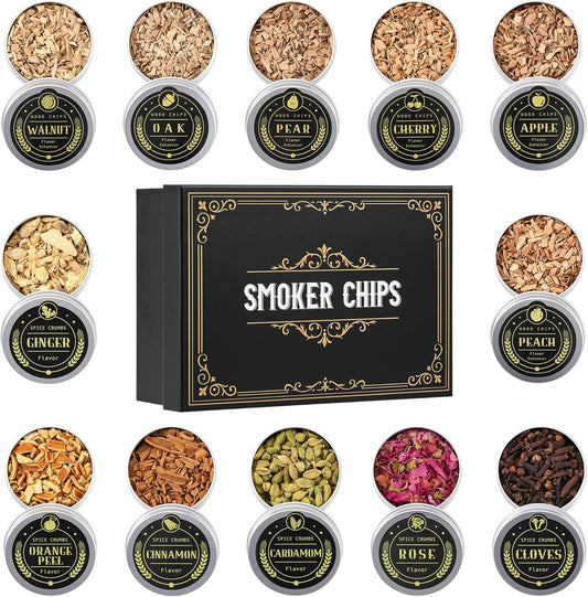ComboJoy 12 Flavor Cocktail Smoker Wood Chips Gift Set for Men - Cinnamon, Cloves, Orange Peel, Cardamom, Rose, Ginger, Pear, Peach, Cherry, Apple, Oak, Walnut for Whiskey/Bourbon/Drinks Smoke Gun