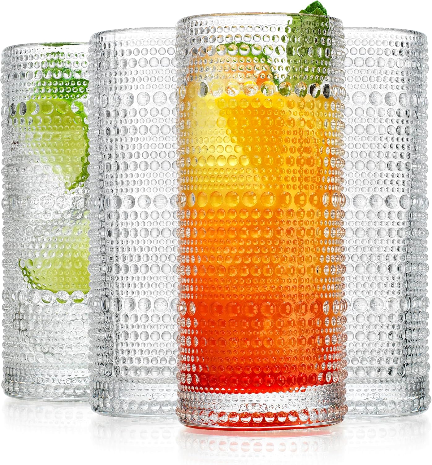 Glaver's Highball Drinking Glasses, 10.82 oz Sleek Hobnail Textured Glassware Modern Tall Tumblers set of 4 Iced Coffee Glasses, Highball Cocktail Set, Dishwasher Safe, Housewarming Gift Set