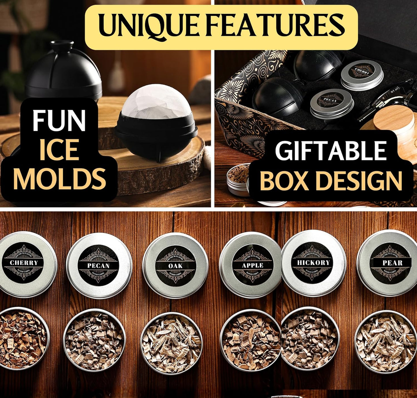 Cocktail Smoker Kit - Whiskey Bourbon Drink Smoker with Torch, Custom Top, 2 Ice Ball Makers, 6 Flavors Wood Chips, Extra Filter - Smokers for Whiskey Drinks - Cocktail Drink Smoking Kit